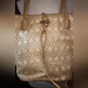 Neiman Marcus Straw Aztec Diamond Tote Bag Large Beige Textured Leather Handles